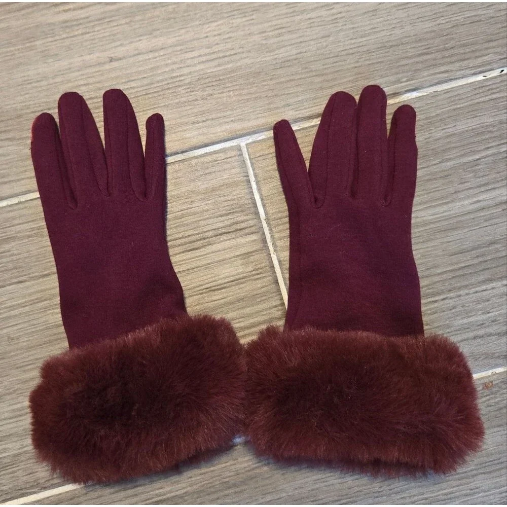 Marcus Adler Burgundy Touchscreen Gloves Faux Fur Trim Winter Soft Elegant